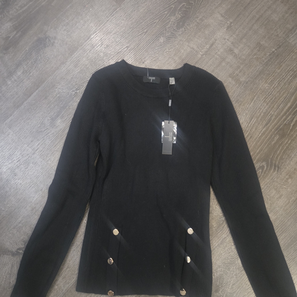 Tahari Black Long Sleeve Top with Gold Buttons